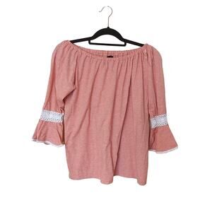 Allie & Rob Size Medium M Soft Pink Crochet Detail Bell Sleeve Blouse Top Cotton